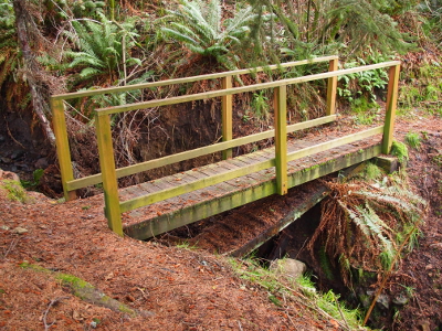 [Wooden bridge with railings covers a gap of approximately 15 feet. The surface of the old bridge with only one edge attached lies beneath the current bridge.]